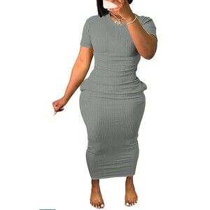 Women's Casual Short Sleeve Dress T Shirt Bodycon Dresses Ribbed V Neck  Size L